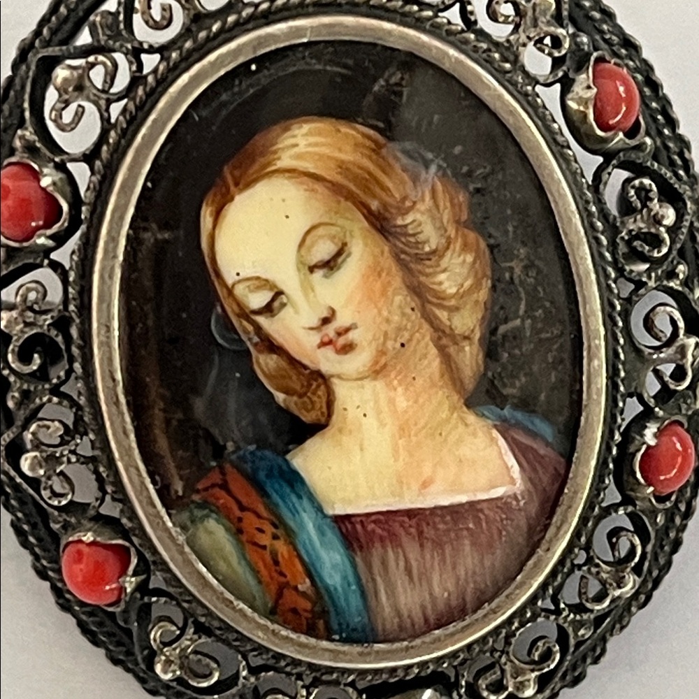 Antique Silver Filigree With Red Coral Painted Portrait Oval Brooch or Pendant